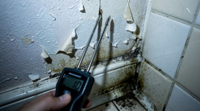 Hand holding moisture meter testing damaged wall for mold and dampness