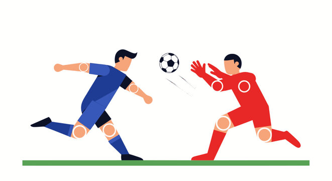 Soccer game scene: blue attacker sprinting toward the ball as red goalkeeper reaches to block it on a green field