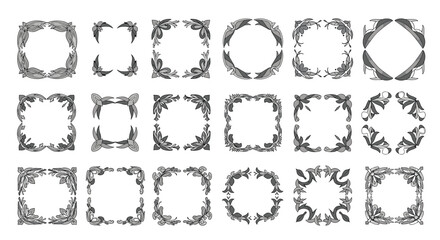 Fototapeta premium Extensive collection of monochrome floral frames and decorative border elements with intricate plant designs for stationery.