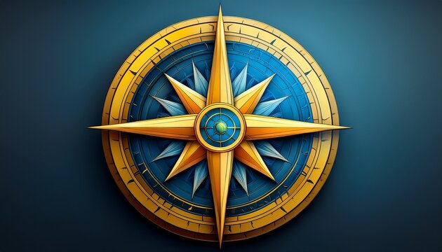 blue and yellow compass rose symbol for navigation direction adventure journey exploration discovery