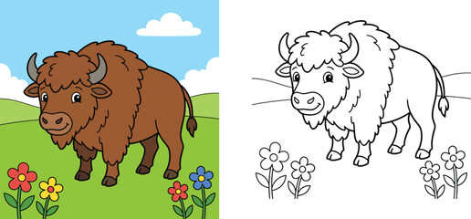 Kids coloring page with friendly cartoon buffalo in a meadow, color reference example, educational activity sheet vector template © MMONIR