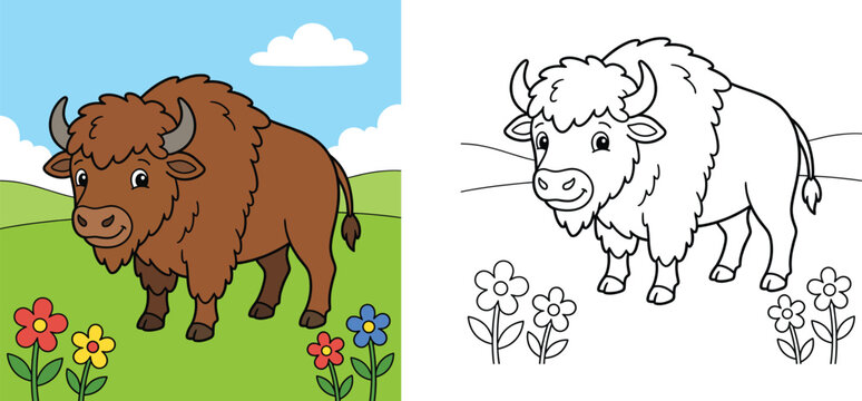 Kids coloring page with friendly cartoon buffalo in a meadow, color reference example, educational activity sheet vector template