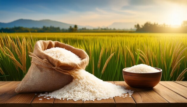 burlap sack spills rice onto table near bowl and paddy showcasing agriculture