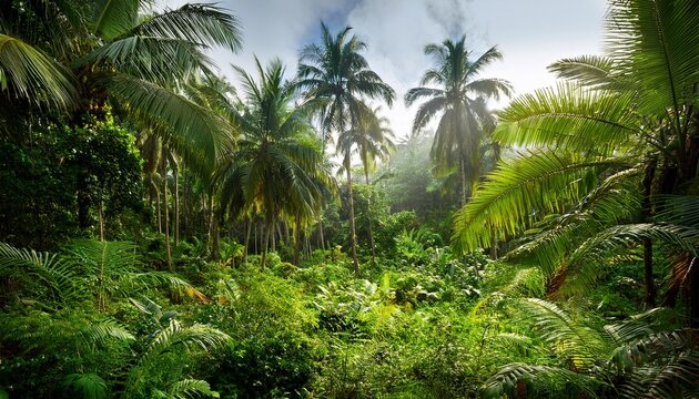 thick green tropical forest with bushes and palm trees