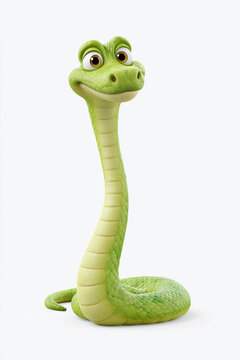 Cartoon green snake character with large eyes and a friendly smile, coiled in a relaxed position against a plain white background