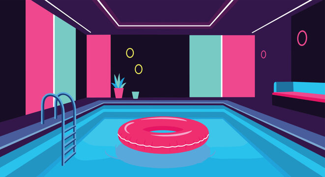 Vibrant retro style illustration of an indoor swimming pool with neon pink and teal lighting and a large inflatable ring.
