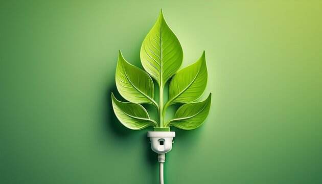 leaf shaped electrical plug symbolizing green energy and renewable power