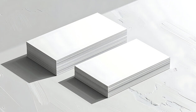 Two stacks of blank white business cards casting soft shadows on a light gray textured surface, clean and minimalist presentation