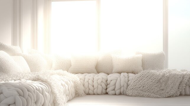Bright, sunlit window seat features numerous textured white knit pillows and thick woven blankets