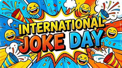 Fototapeta premium Dynamic international joke day comic book style with explosive laughing emojis, and party poppers against a vibrant background.keywords