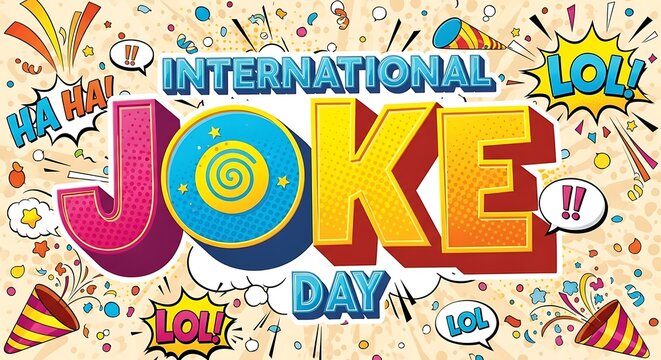 Festive international joke day with colorful letters, party poppers, lol speech bubbles, and swirling patterns on a yellow background keywords