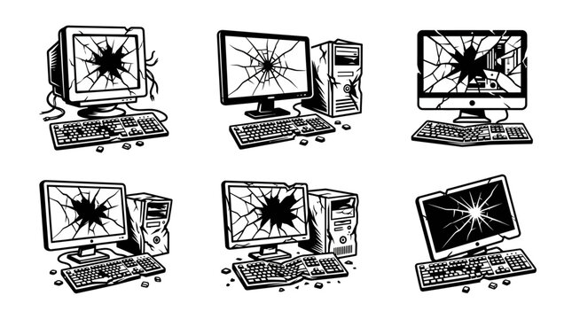 Cracked computer screens and monitors.