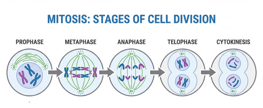 Mitosis stages of cell division showing prophase metaphase anaphase telophase and cytokinesis in biological cell reproduction and genetic duplication education