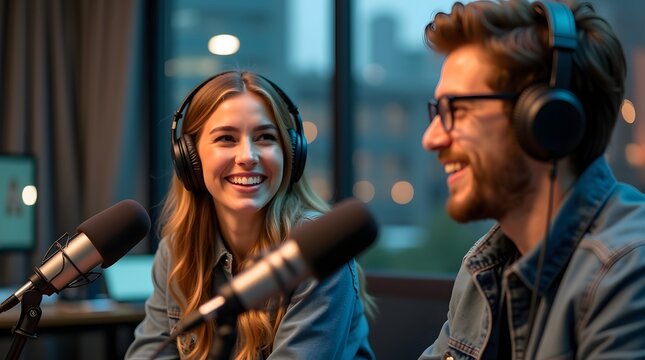 Young Male and Female Podcast Hosts Engaging in Lively Conversation with Microphones in Studio