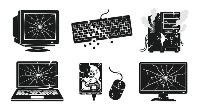 Cracked screens on broken computer devices.