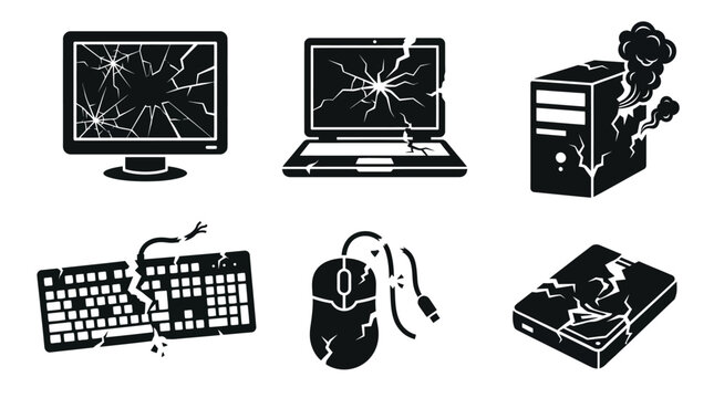 Damaged computer hardware and peripherals.