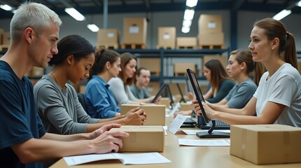 Fototapeta premium Group of Young Adults Collaborating in a Warehouse on Inventory and Shipping Procedures