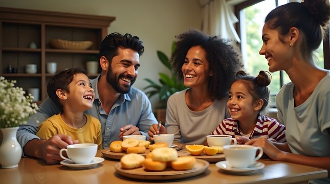 Family Enjoying Breakfast Together with Laughter and Warm Conversations in Cozy Kitchen