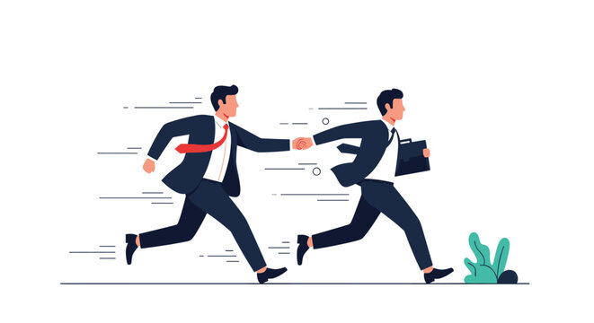 Two ambitious businessmen in suits participating in a relay race and handing over a baton to symbolize teamwork.