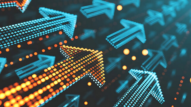 Abstract background with many blue and orange pixelated arrows pointing upwards and to the right with bokeh lights