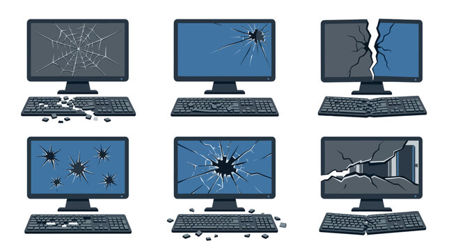 Damaged computer monitors with cracked screens.