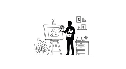 Naklejka premium Silhouette of a creative artist standing in a home studio while painting a scenic mountain landscape on a large easel.
