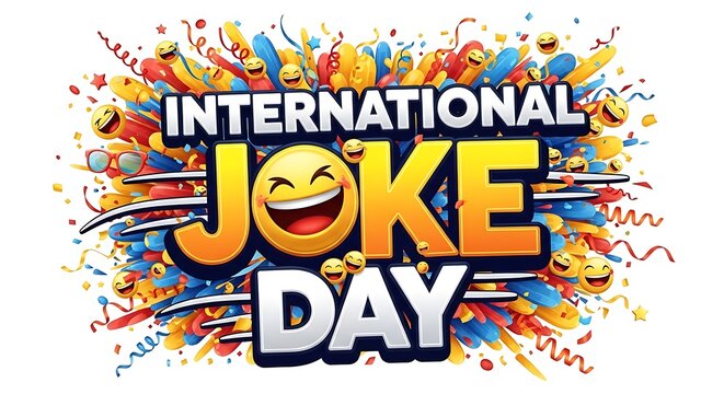 International joke day explosion of colorful including laughing emojis, confetti, streamers, and bold 3d text, set against a clean white
