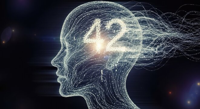 Conceptual Digital Artwork of a Human Head with the Number 42 Illuminated.
