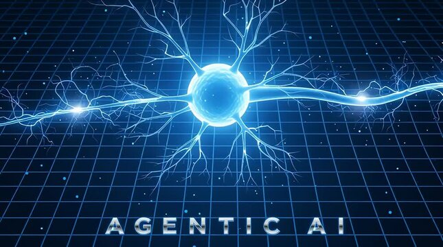 A futuristic animation of a glowing blue neuron Video network with sparkling connections and a grid background representing artificial intelligence and technology.