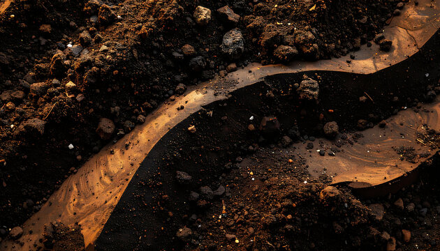 Top down view of arid land with dried riverbed, granular soil and sparse vegetation, abstract landscape texture