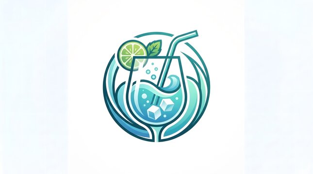 Vector illustration of a refreshing cocktail or mojito drink logo icon. Features a glass filled with a bubbly blue liquid, ice cubes, a straw, a fresh lime slice, and mint leaves