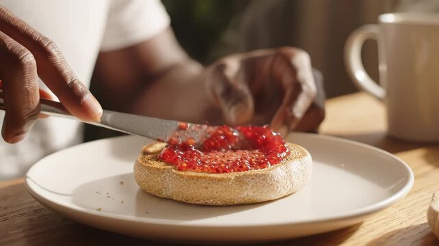 Person spreading jam on toast