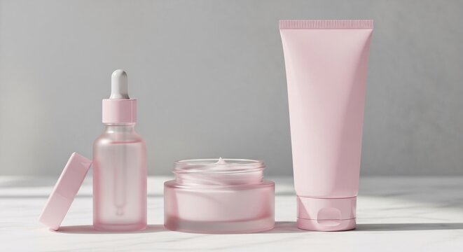 Soft pink skincare products arranged in a modern beauty scene, perfect for feminine cosmetic branding and advertising.