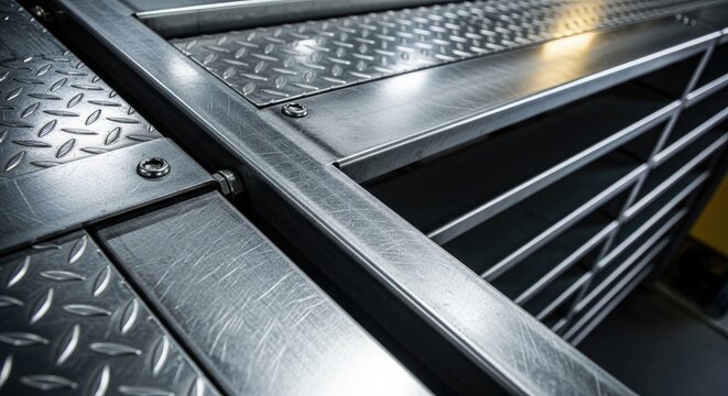 Detailed View of a Metallic Industrial Structure with Diamond Plate Texture.