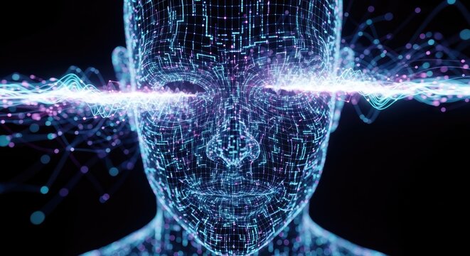 Digital Human Face with Glowing Lines Representing Data and Artificial Intelligence.