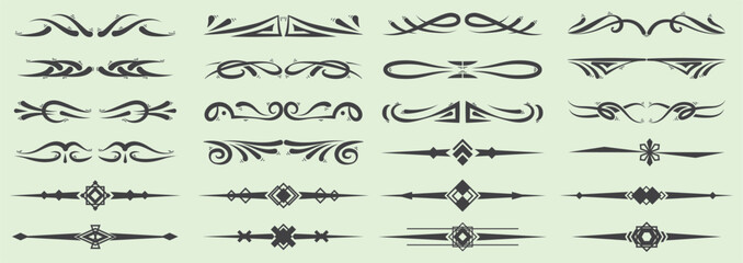 Decorative ornamental divider set with elegant vintage flourishes and geometric line accents. Classic vector collection perfect for invitations, certificates, branding, and typography design. © Rahidul
