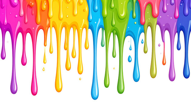vibrant colorful paint drips border, rainbow hues flowing down, playful messy abstract background, fun bright design element