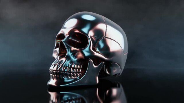 Highly Reflective Chrome Skull Slowly Rotating on Glossy Black Surface in Dark Smoky Environment, Cinematic Full HD Motion Background