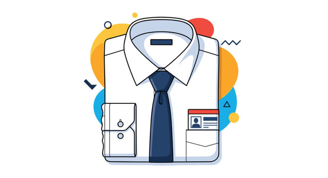 Professional business attire featuring a folded white shirt with a blue tie and an identity badge in the pocket.