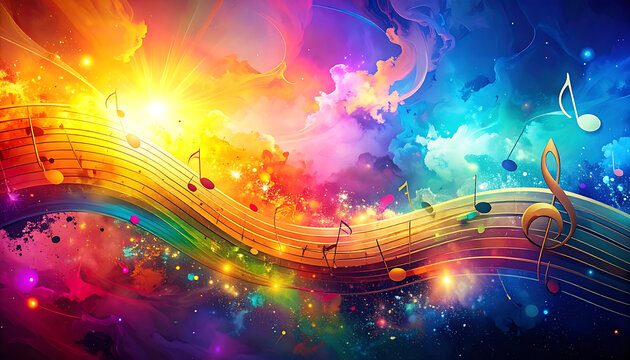 Vibrant cosmic soundscape with glowing musical notes and digital wave patterns, abstract digital art