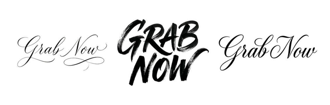 A promotional sign with the words Grab Now written in a stylized font on a white background on transparent background