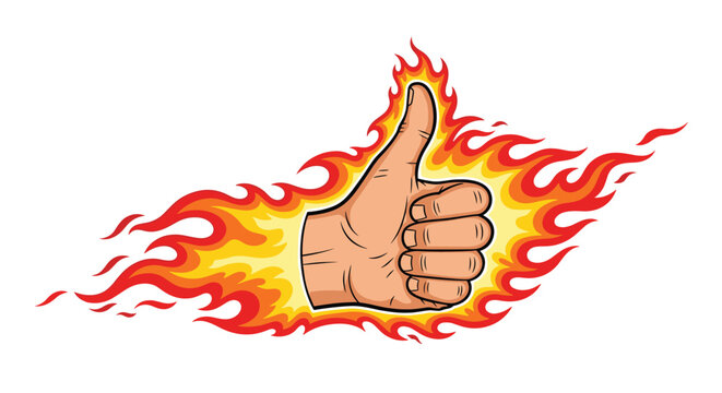 Energetic thumbs up hand gesture surrounded by bright orange and red flames isolated on white background for success.