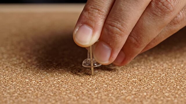 Hand holding pushpin on corkboard