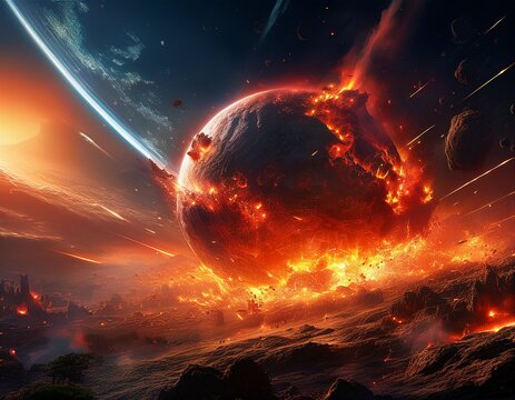 fiery meteor shower planet impact a planet is bombarded by a fiery meteor shower causing massive explosions and destruction the scene is apocalyptic and dramatic