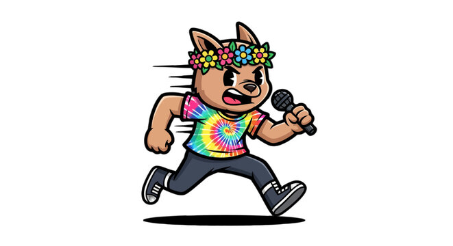 Colorful cartoon cat singing with flower crown and microphone.