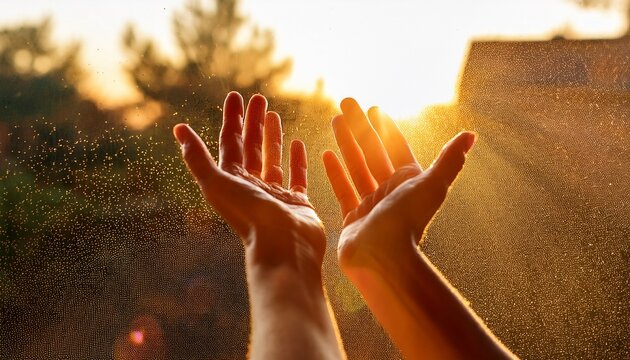 hands reaching towards a sunlit window dust motes dancing in the warm golden glow evoking reflection and hope