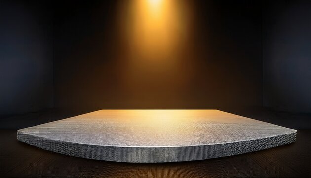 illuminated platform in modern dark room a single subtly textured light gray platform sits center stage bathed in warm yellow spotlight against a dark