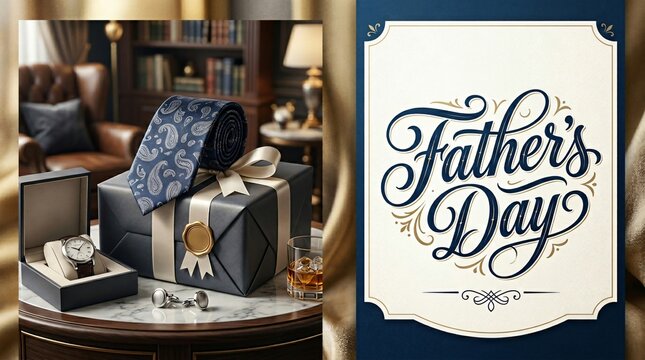 Father's Day gift box with luxury items on wooden table in elegant home setting