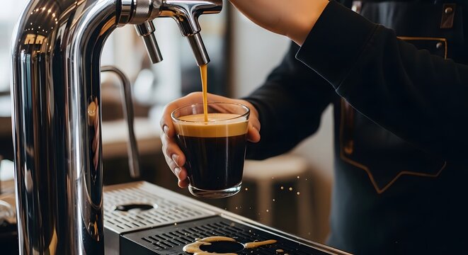 Close up of a barista or bartender pouring dark nitro cold brew coffee or stout beer from a tap.