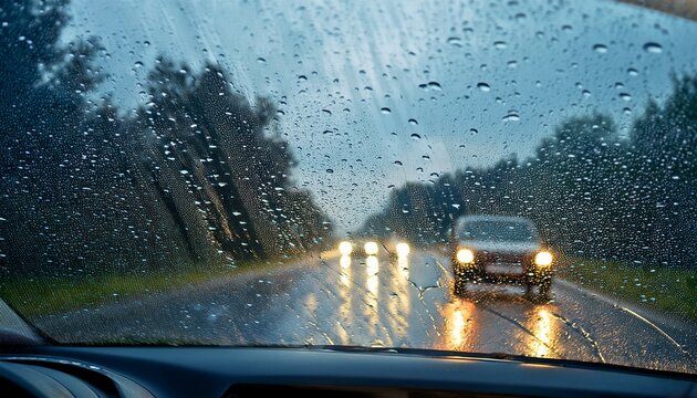 rainy weather driving view from inside car through wet windshield with raindrops blurred road and vehicles ahead on a dark day